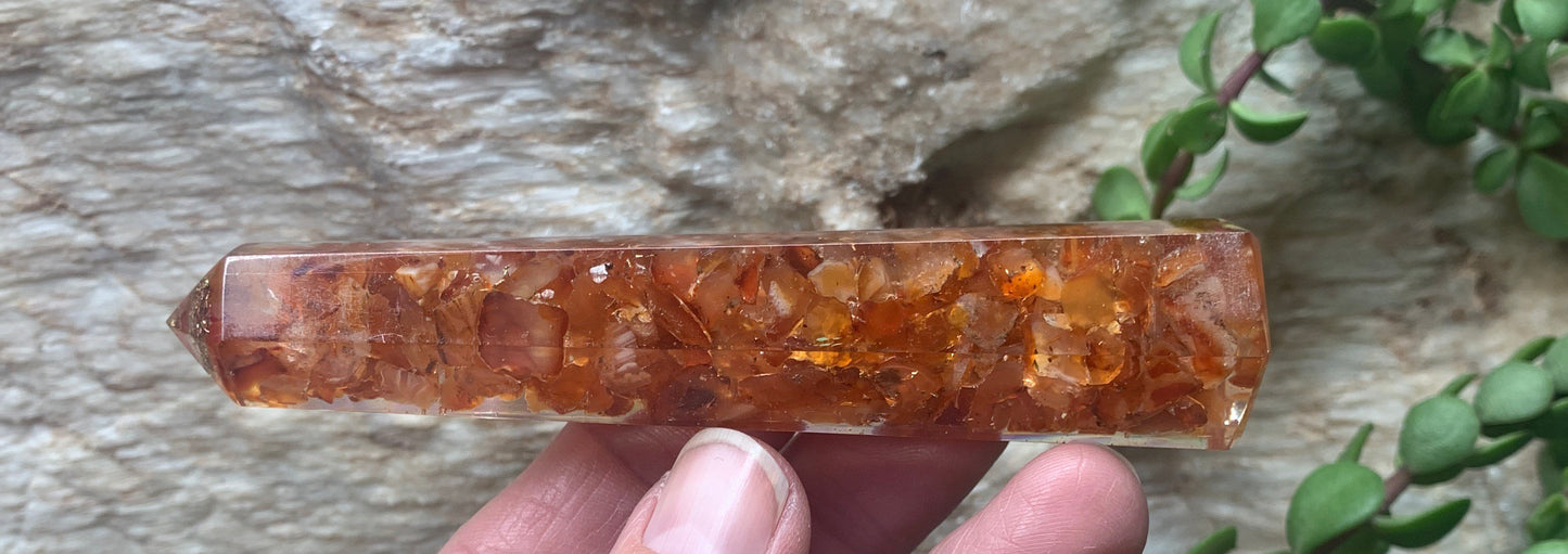 Carnelian Orgonite Obelisk ORG-0011 (Crystals Imbedded in Resin)