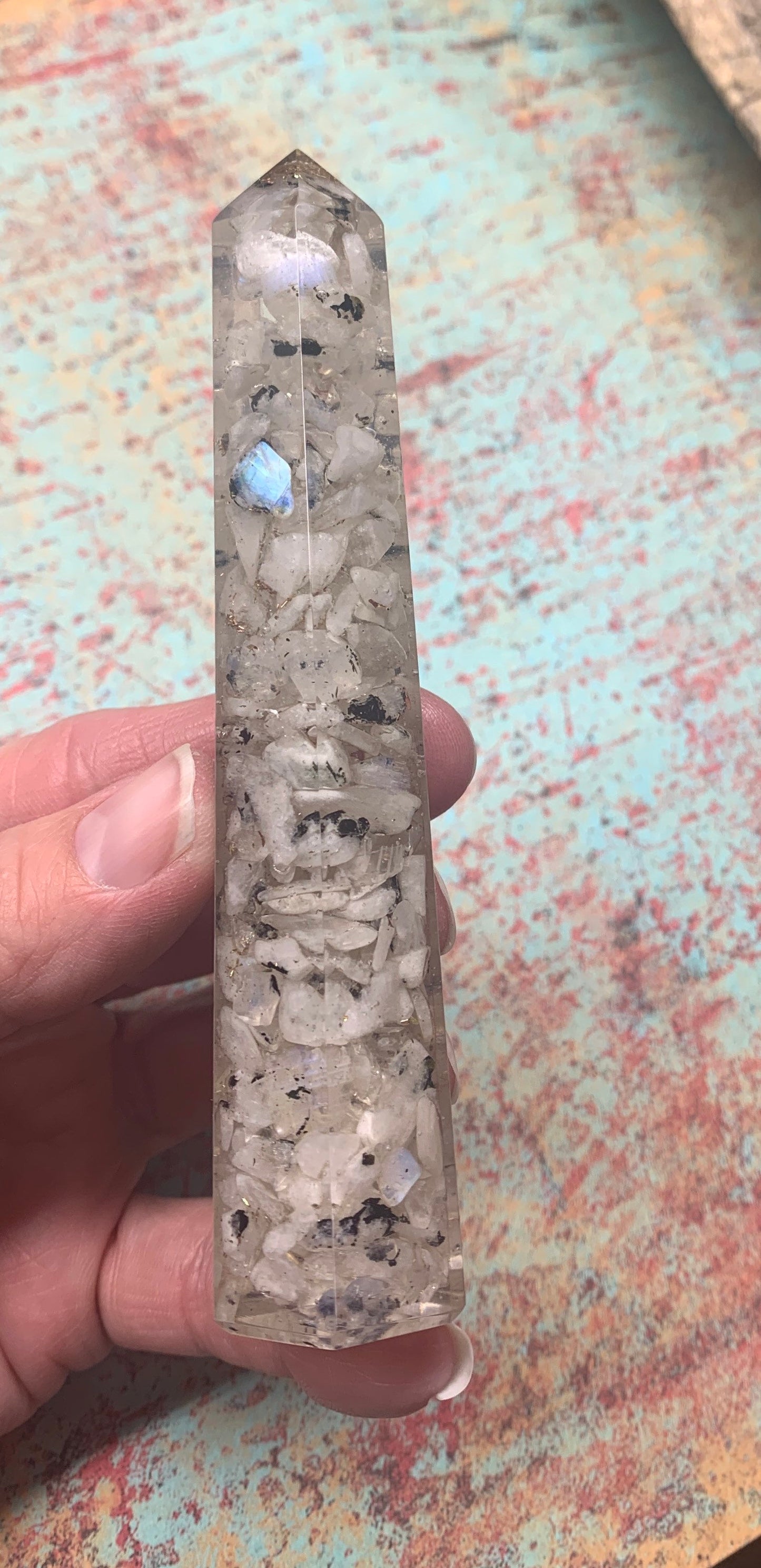 Rainbow Moonstone Orgonite Obelisk 4 3/4" Long 0859