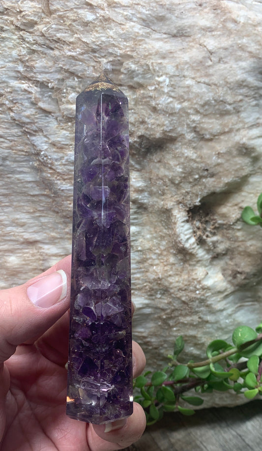 Amethyst Organite Obelisk ORG-0010 (Crystals Imbedded in Resin)