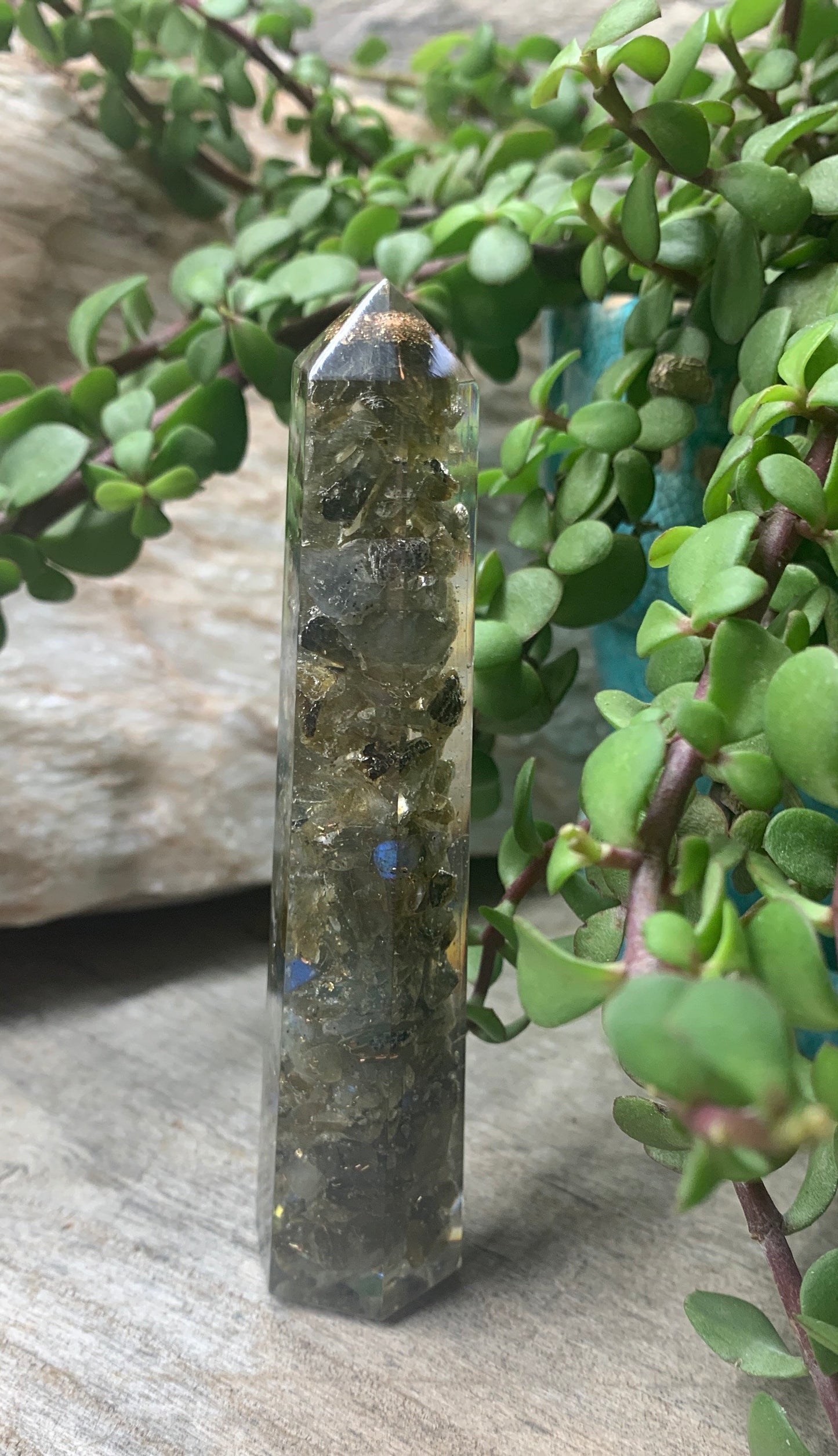 Labradorite Organite Obelisk 4 3/4" tall 0907 (Crystals Imbedded in Resin)