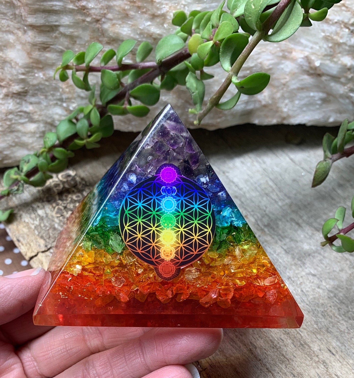 Organite Chakra Crystal Pyramid, Rainbow 3 1/4” ORG-0016 (Crystals Imbedded in Resin)