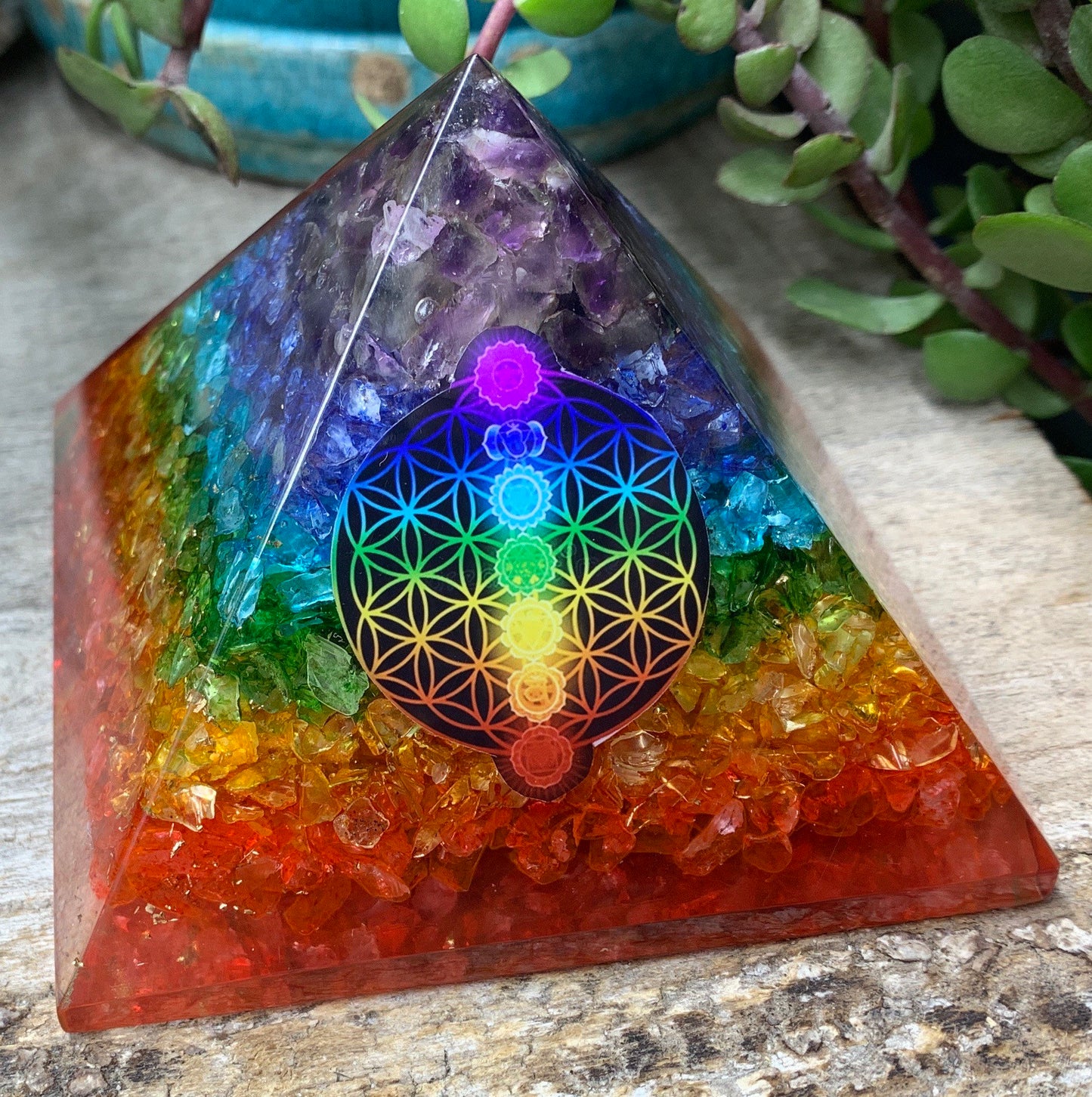 Organite Chakra Crystal Pyramid, Rainbow 3 1/4” ORG-0016 (Crystals Imbedded in Resin)