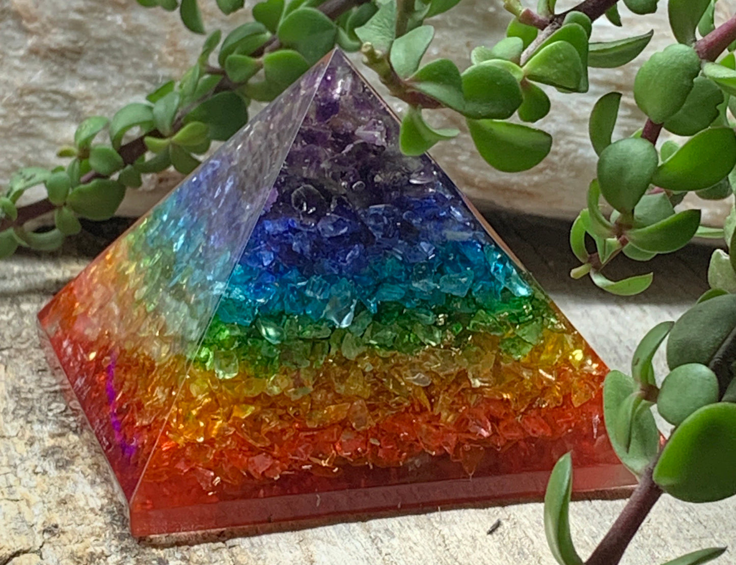 Organite Chakra Crystal Pyramid, Rainbow 3 1/4” ORG-0016 (Crystals Imbedded in Resin)