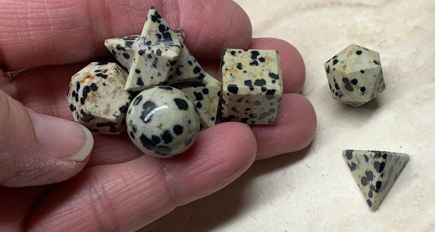 Dalmatian Jasper Sacred Geometry Kit, Carved Shapes E-0012