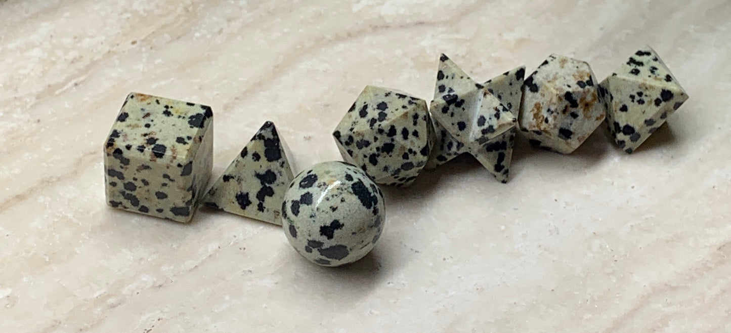 Dalmatian Jasper Sacred Geometry Kit, Carved Shapes E-0012