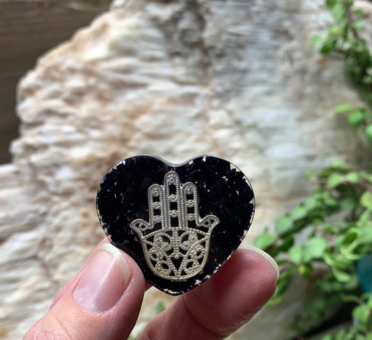 Obsidian Organite Hamsa Hand Heart  ORG-0013        1 1/2”