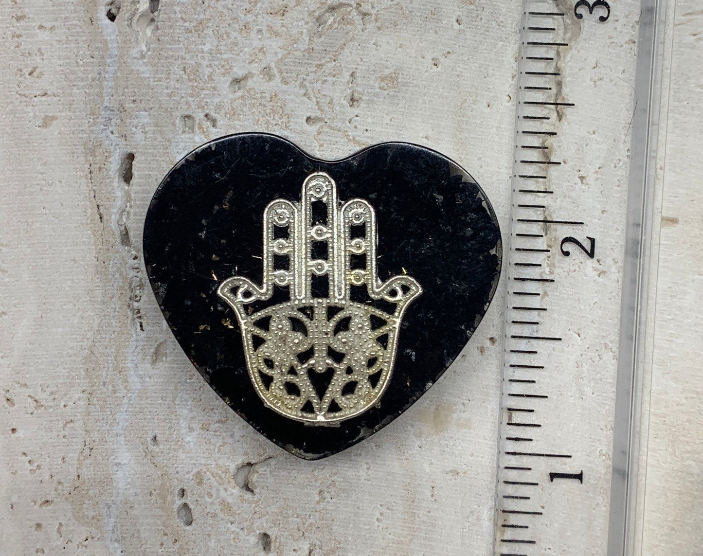 Obsidian Organite Hamsa Hand Heart  ORG-0013        1 1/2”