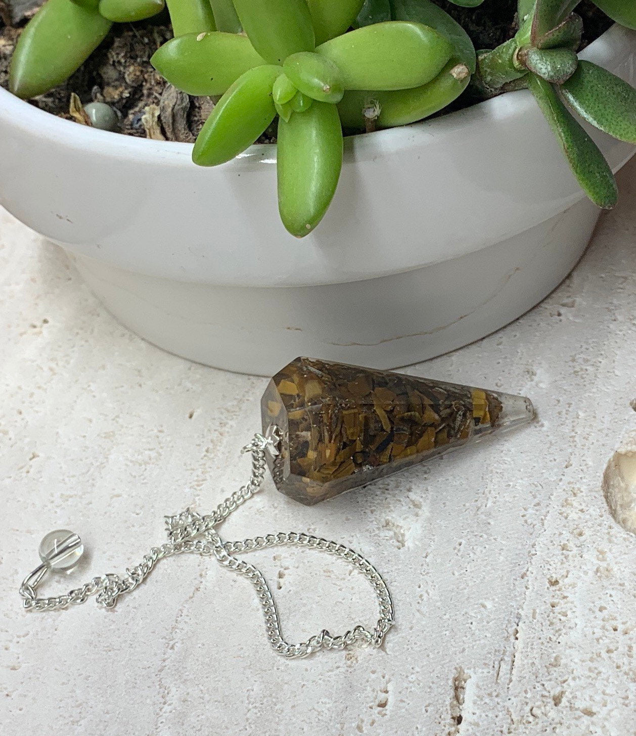 Tiger Eye Orgonite Pendulum 0928 (Crystals Imbedded in Resin)