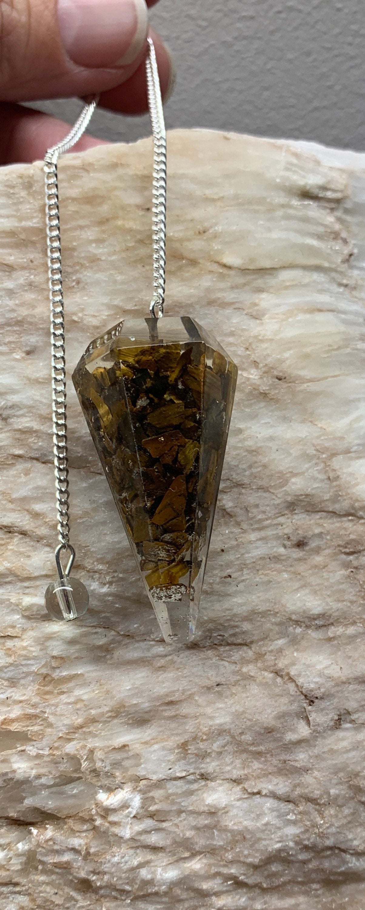 Tiger Eye Orgonite Pendulum 0928 (Crystals Imbedded in Resin)