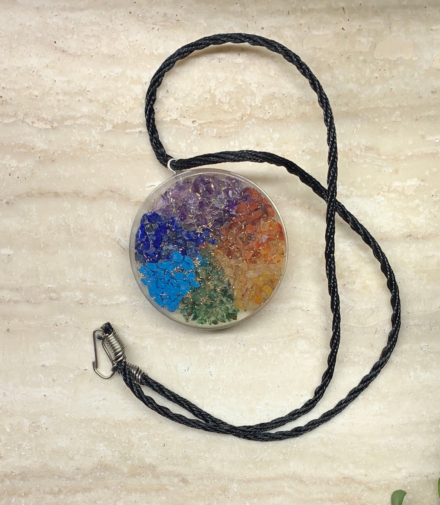 Organite Crystal Chakra Circle Necklace 1 5/8” 1056 (Crystals Imbedded in Resin)