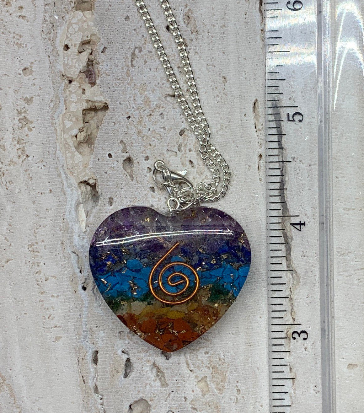 Reiki Chakra Organite Heart Necklace 1054 (Crystals Imbedded in Resin)