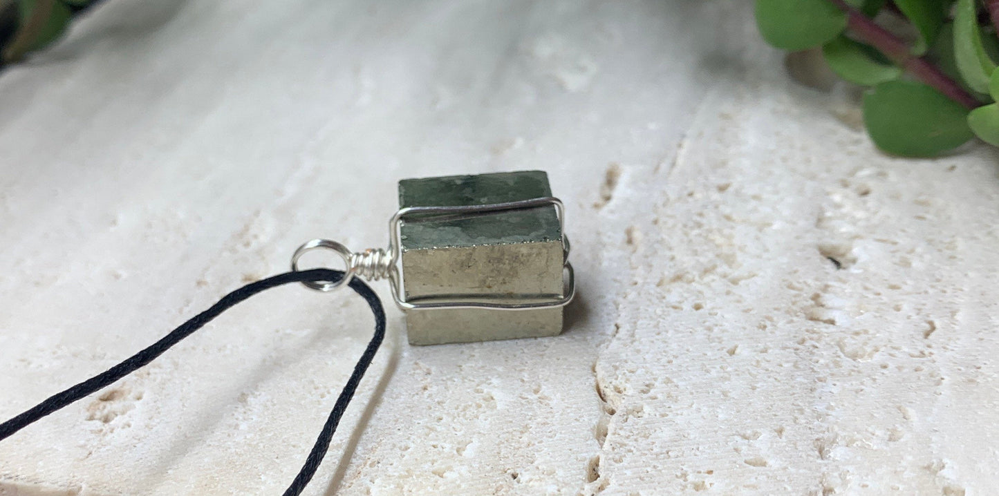 Iron Pyrite Cube Wire Wrapped Necklace NCK-0749