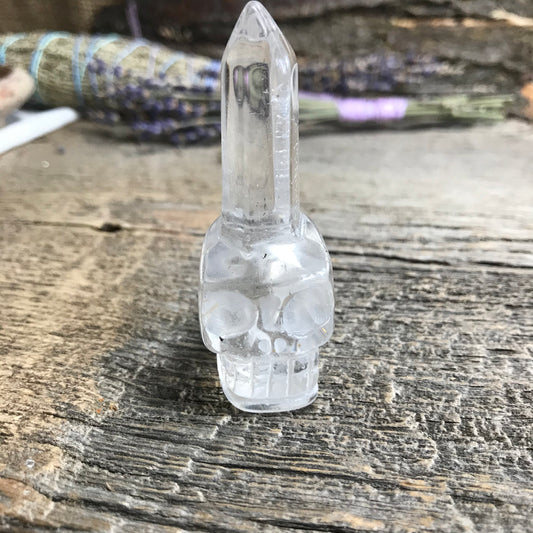 Carved Quartz Skull with Crystal Point (2"- 3" tall), Supply for Crystal Grid or Halloween Crafts 0975