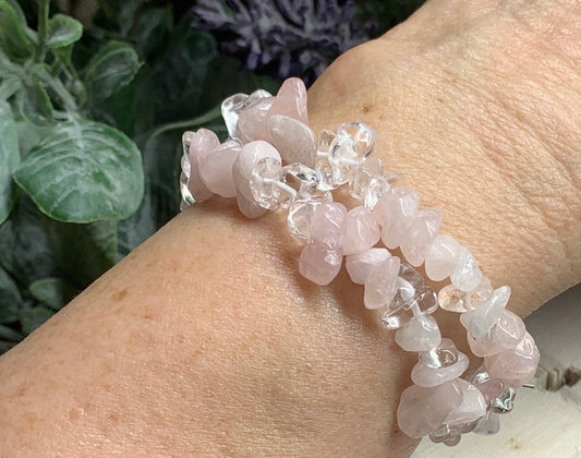 Rose Quartz & Clear Quartz Chip Bracelet BRC-0131