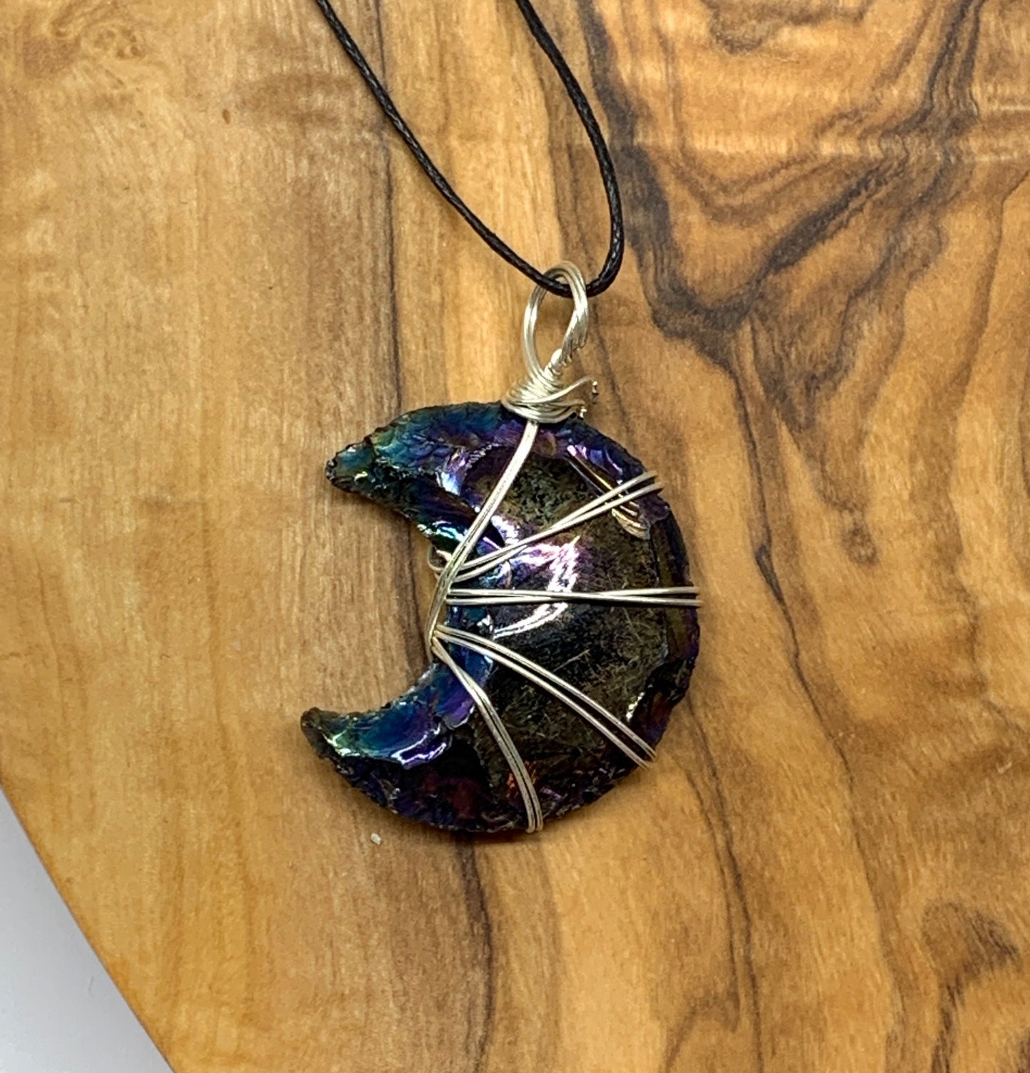 Rainbow Aura Obsidian Moon Wire Wrapped Necklace NCK-0762