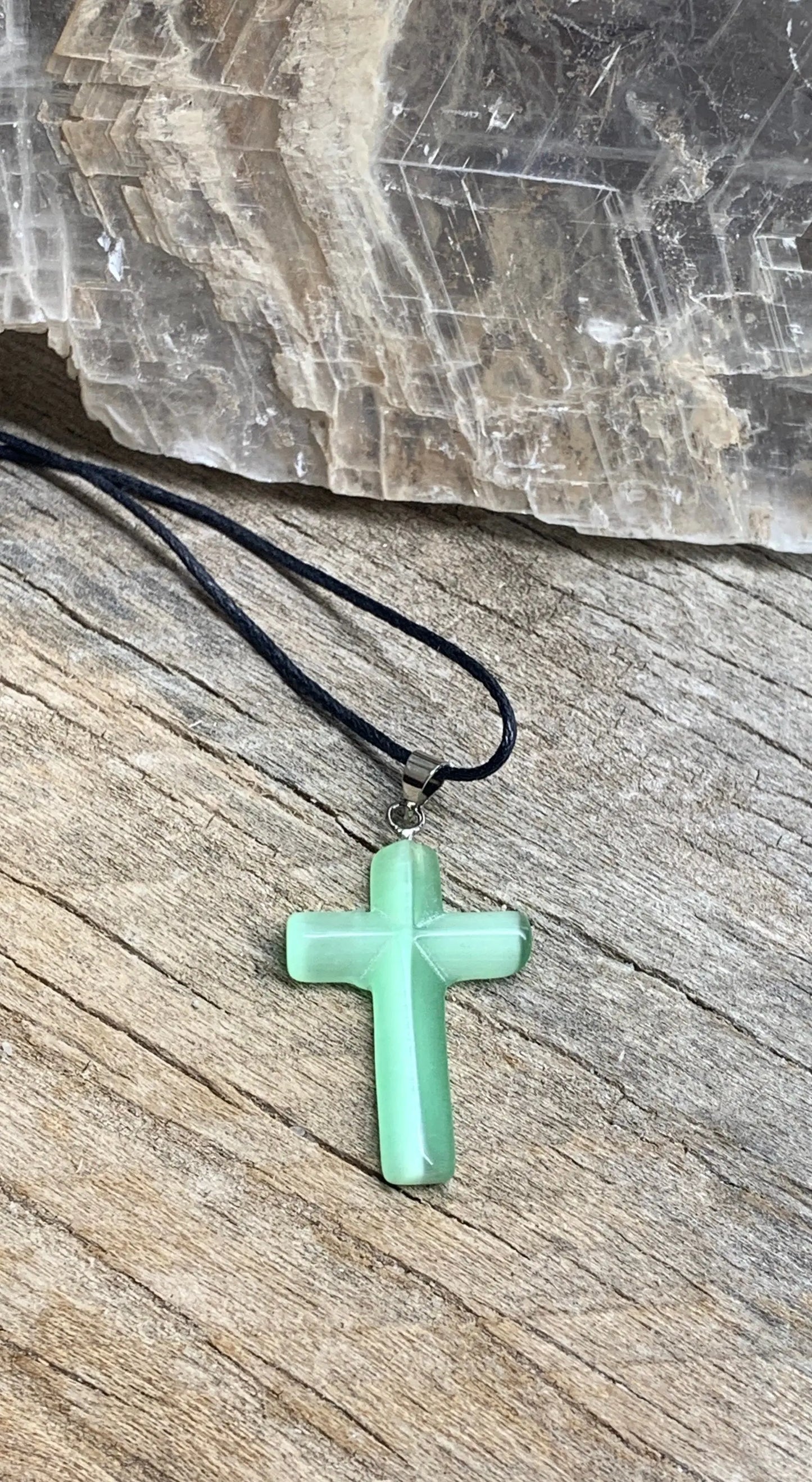 Cross Pendant Cats Eye Stone Sea Foam Green NCK-1054 Shop Wholesale Crystals