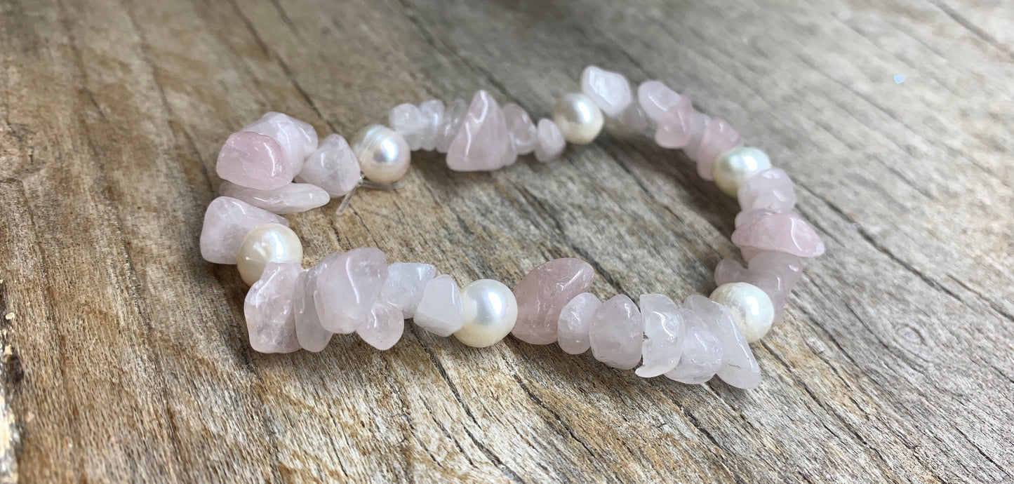 Rose Quartz Chip Pearl Bracelet 1210