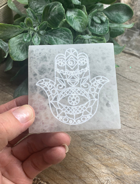 Hamsa Selenite Tile Etching 2 3/4” Carved Selenite Square S-0062