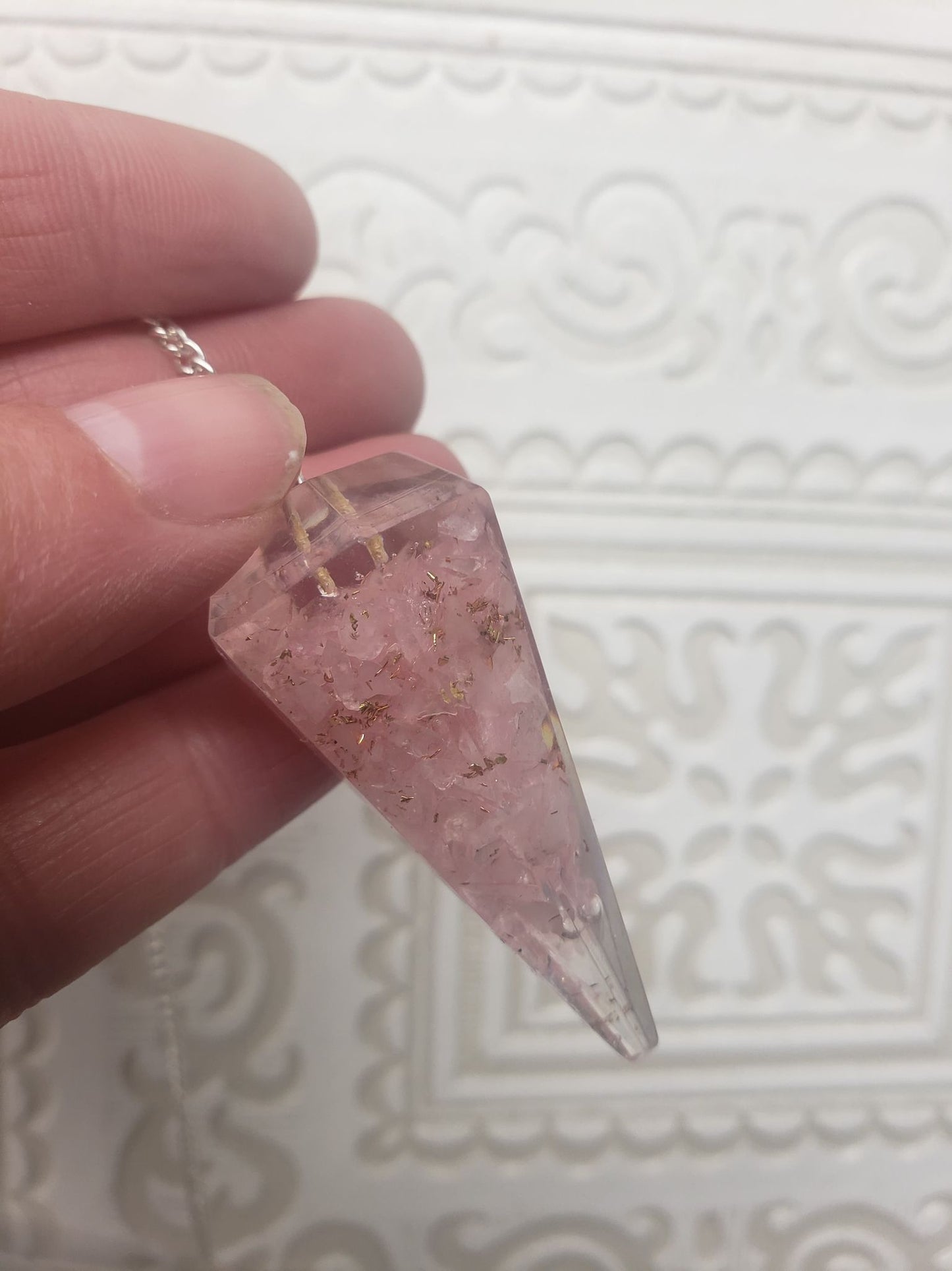 Rose Quartz Orgonite Pendulum 0942 (Crystals Imbedded in Resin)