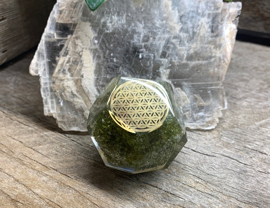 Peridot Flower of Life Organite Dodecahedron Sacred Geometry ORG-0024 (Crystals Imbedded in Resin)