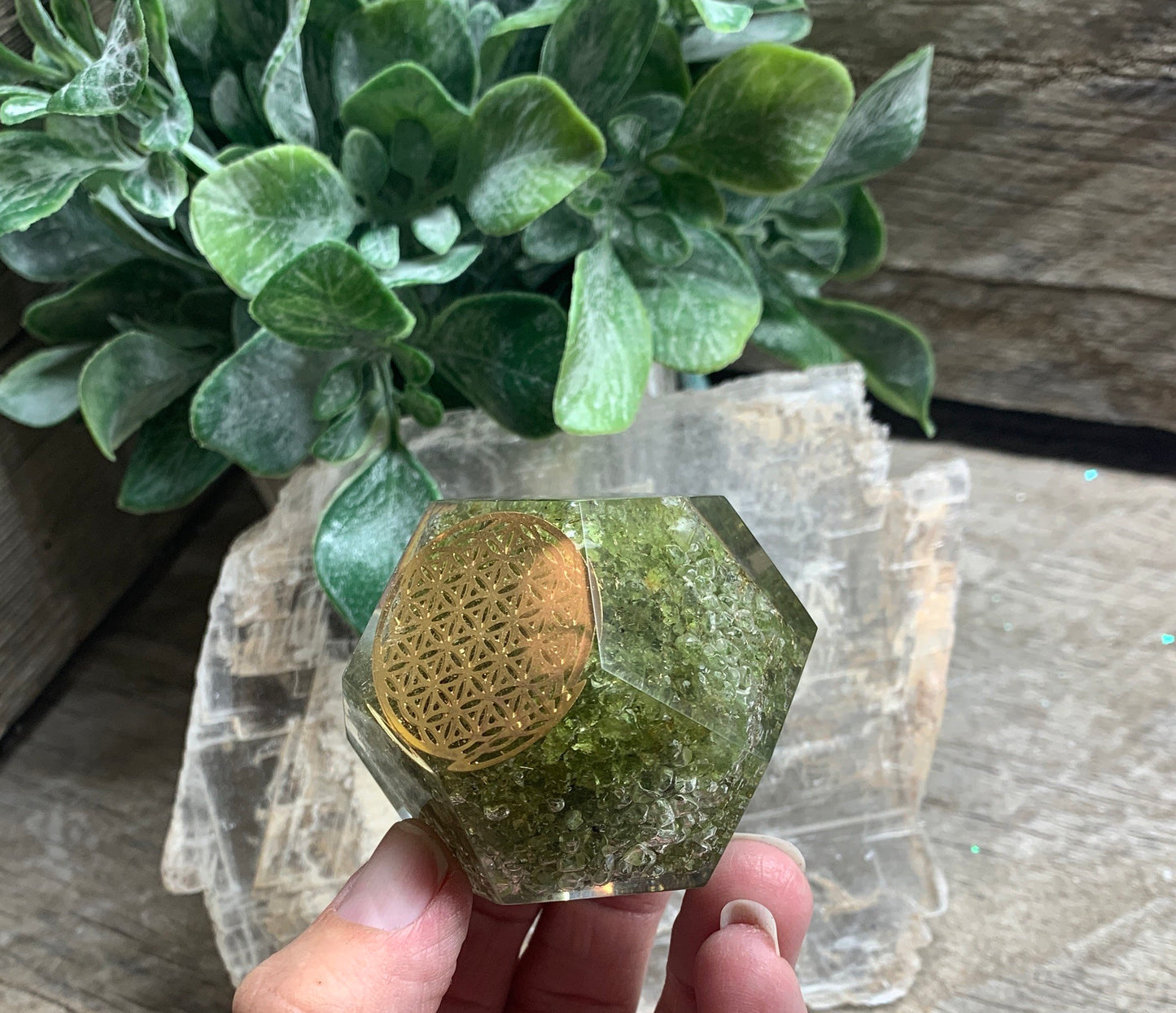 Peridot Flower of Life Organite Dodecahedron Sacred Geometry ORG-0024 (Crystals Imbedded in Resin)