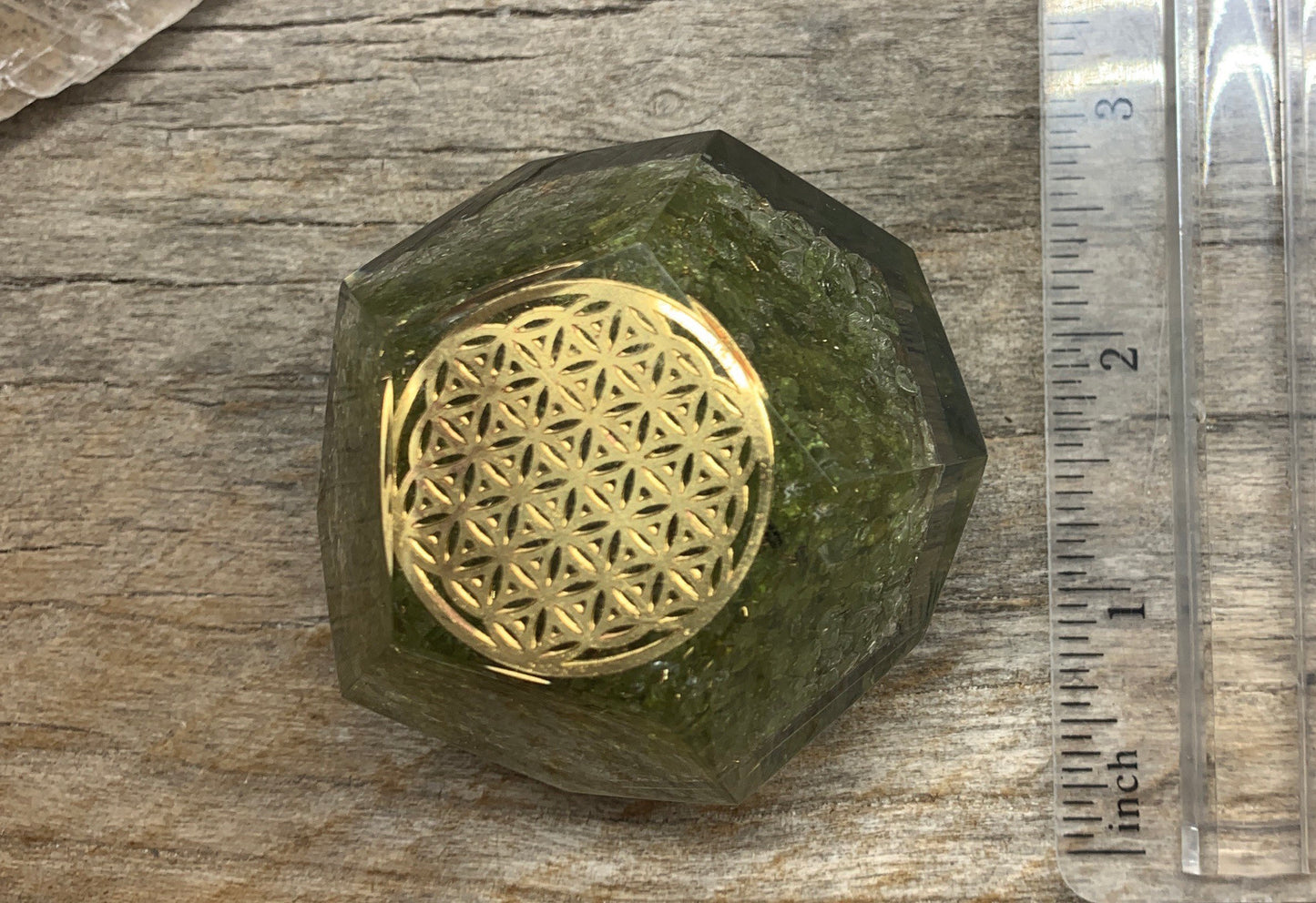 Peridot Flower of Life Organite Dodecahedron Sacred Geometry ORG-0024 (Crystals Imbedded in Resin)