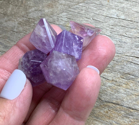 Collection of 5 amethyst crystal shapes including pyramid, cube, octahedron, decahedron, and dodecahedron.