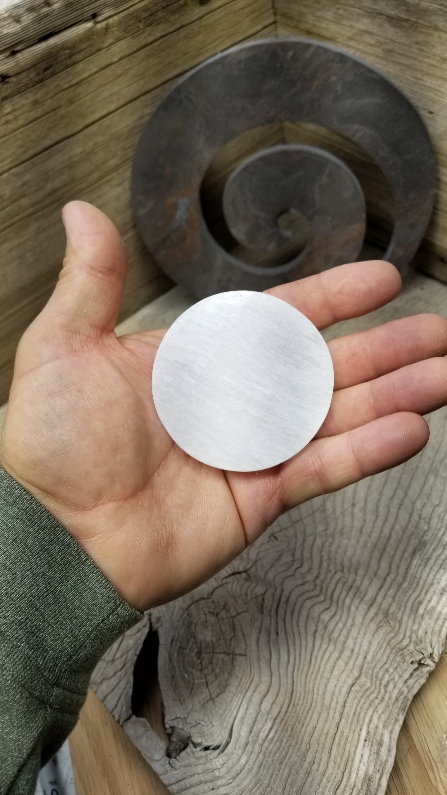 Selenite Carved Round Tile, Metatrons Cube, Sacred Geometry Carving (Approx 3 ")  Crystal Charging Plate, Supply for Grid S-0070