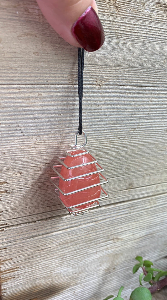 Cherry Quartz Square Cage Necklace 1052