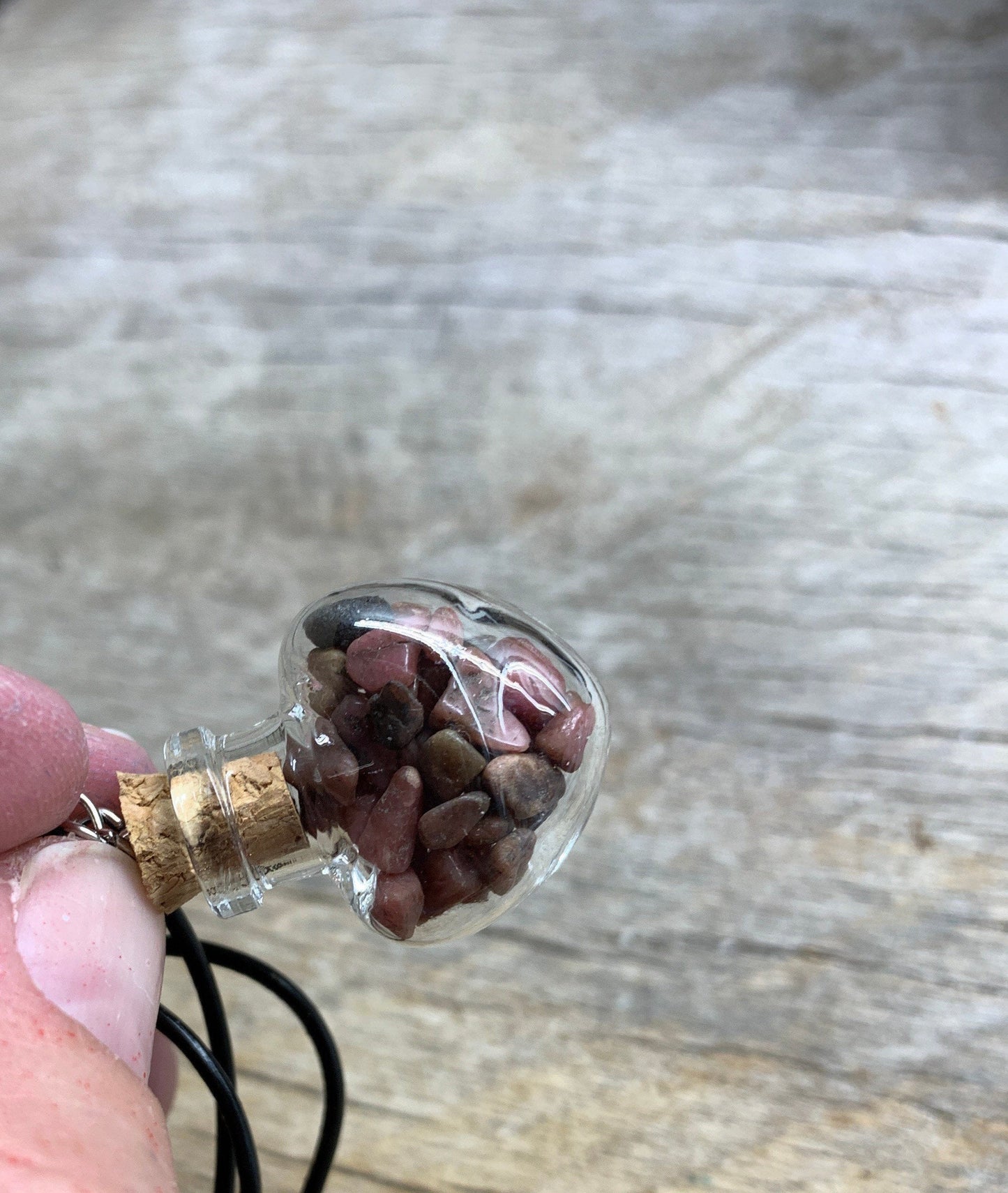 Tourmaline Necklace in Corked Heart Bottle. 18” cord with clasp.