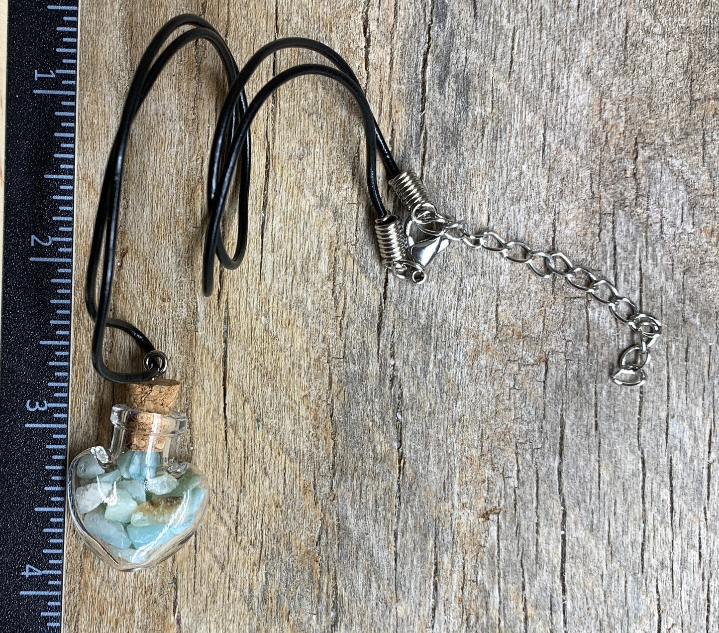 Amazonite Necklace in Corked Heart Bottle. NCK-1205 18” cord with clasp.