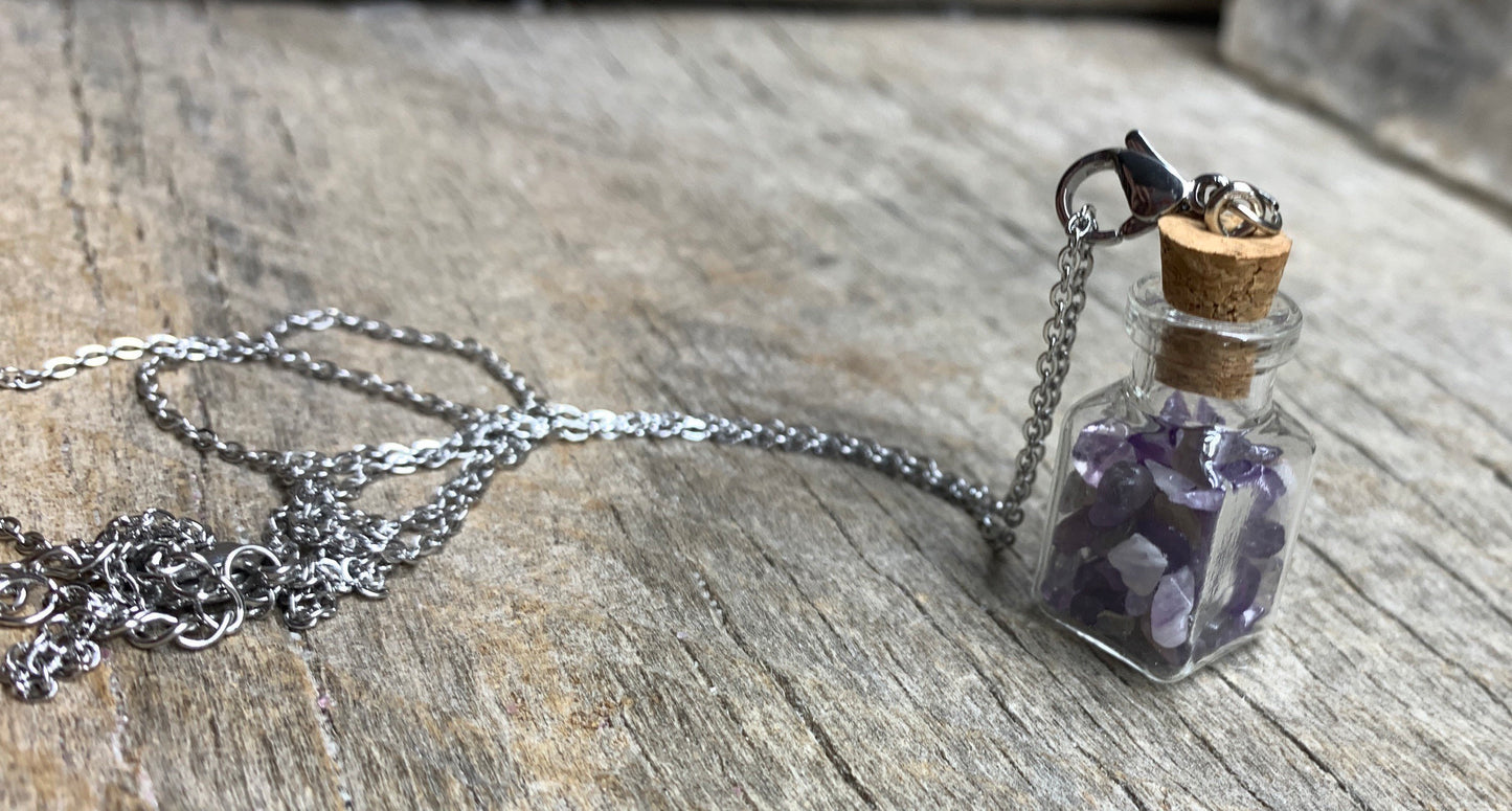 Amethyst Necklace In corked Bottle, 24” Chain 1076