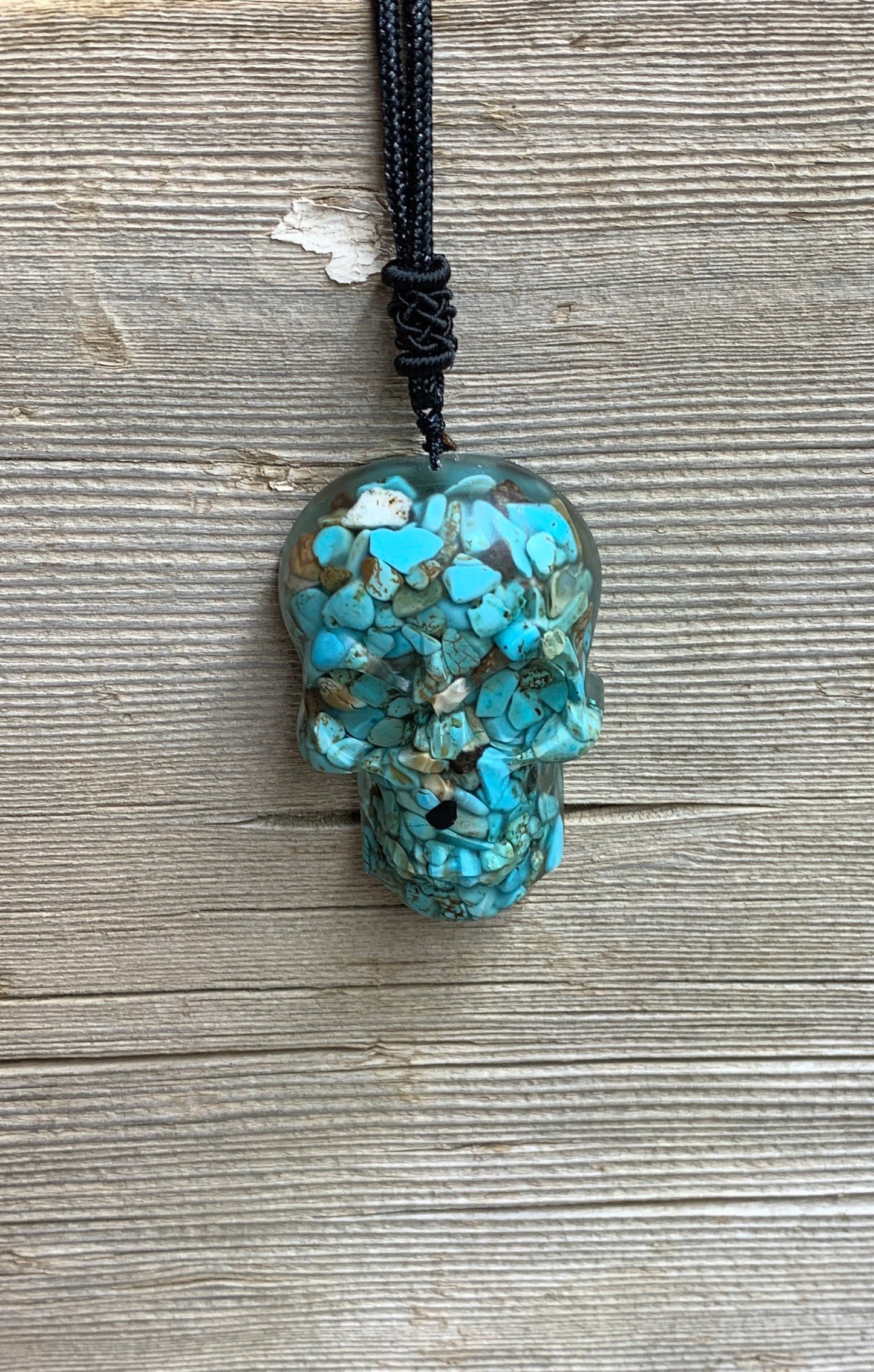 Mystery Organite Gemstone Skull Suprise Necklace 2” Pendant 1065 (Crystals Imbedded in Resin)