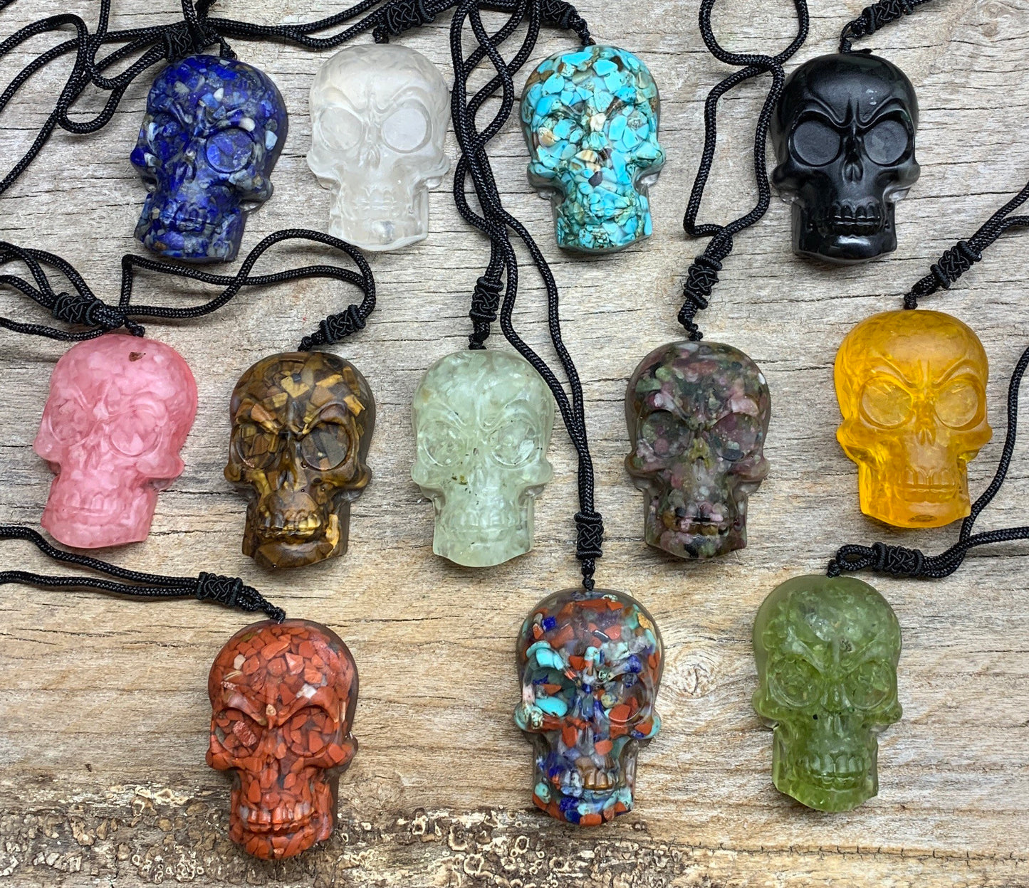 Mystery Organite Gemstone Skull Suprise Necklace 2” Pendant 1065 (Crystals Imbedded in Resin)