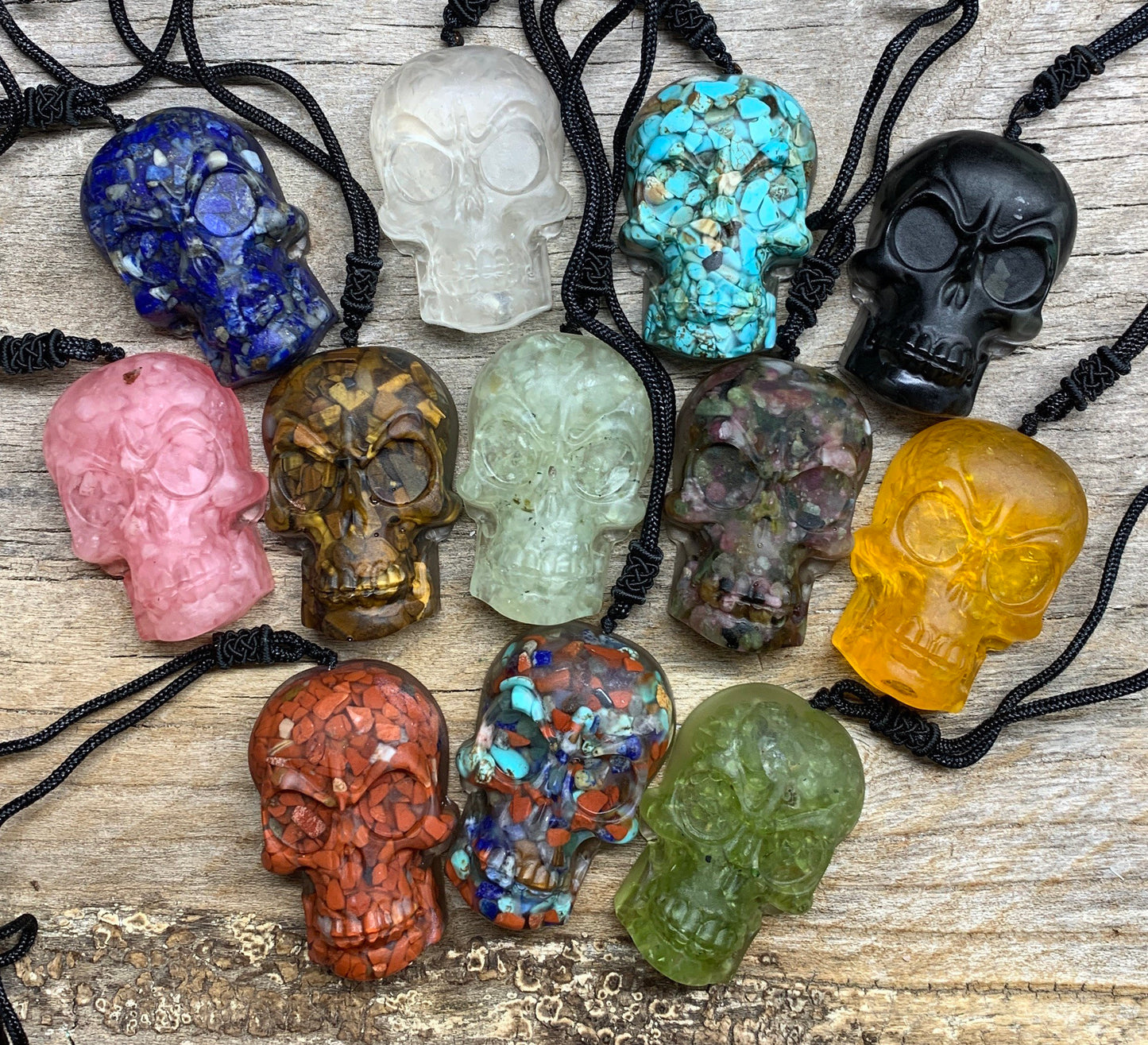 Mystery Organite Gemstone Skull Suprise Necklace 2” Pendant 1065 (Crystals Imbedded in Resin)