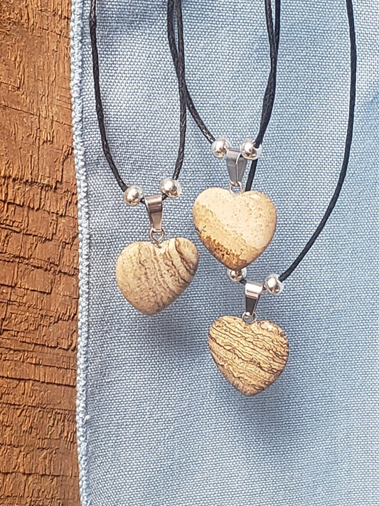 Picture Jasper Necklace, Heart Carved Stone Necklace, Stone for Stability and Harmony. NCK-1193