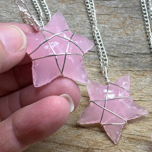 Pink Opalite Star Wire Wrapped Necklace. Handmade. NCK-1934