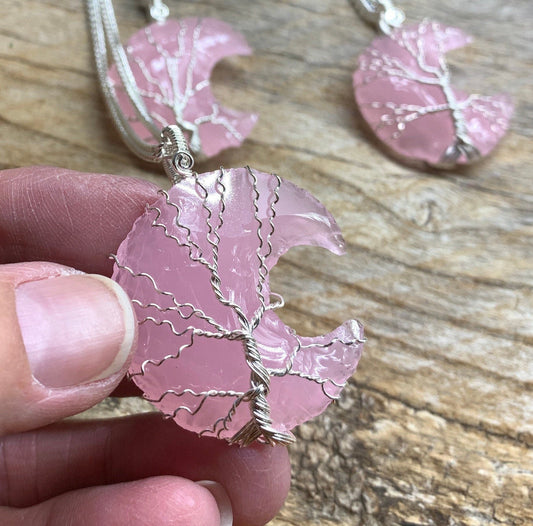 Pink Opalite Moon Wire Wrapped Necklace. Handmade. NCK-1933 Tree Of Life