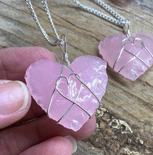 Pink Opalite Heart Wire Wrapped Necklace. Handmade 1126