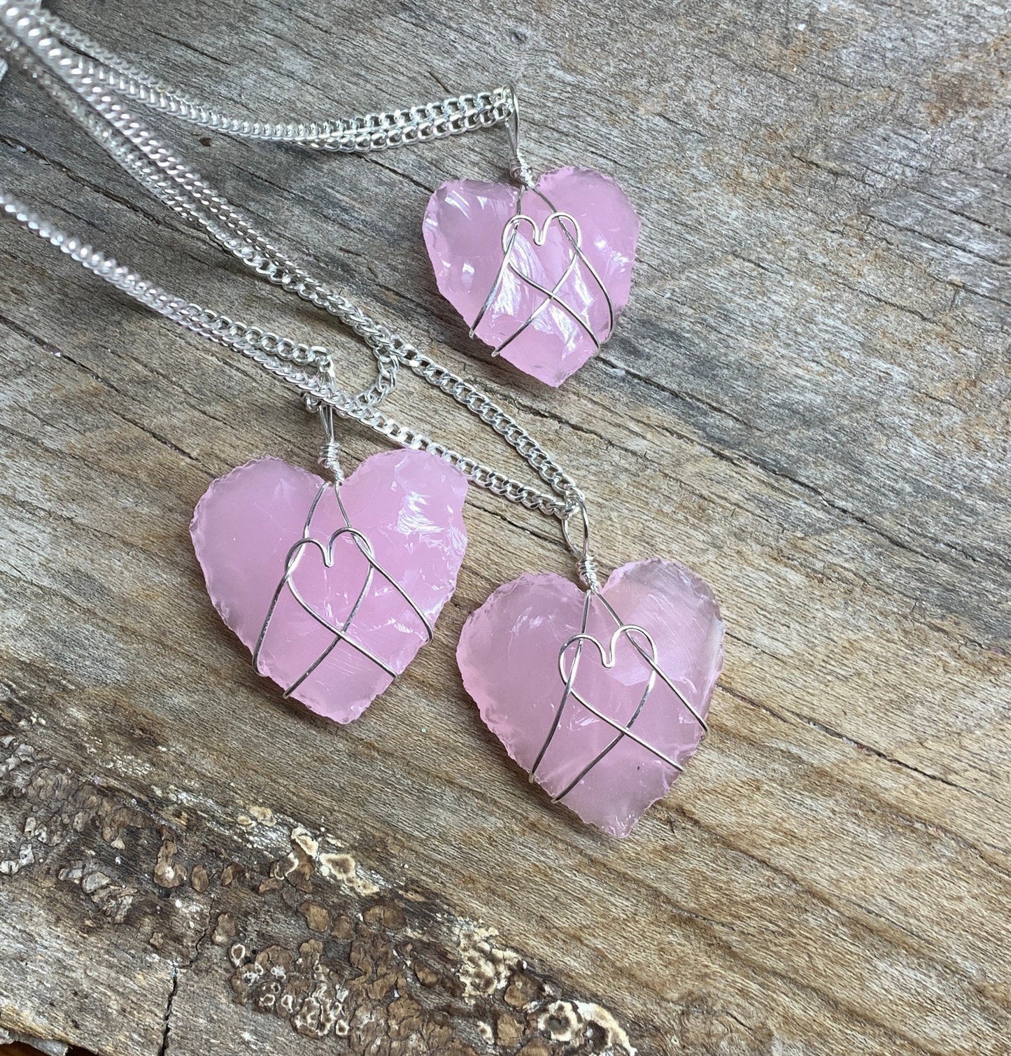 Pink Opalite Heart Wire Wrapped Necklace. Handmade 1126