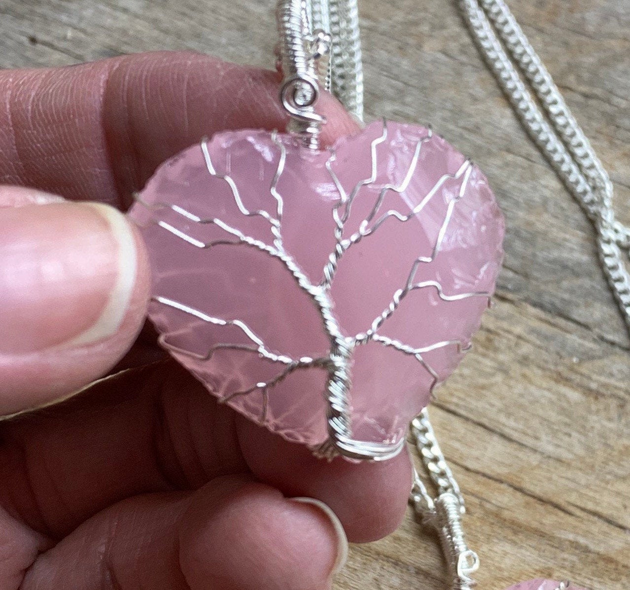 Pink Opalite Heart Wire Wrapped Necklace. Handmade. 1098