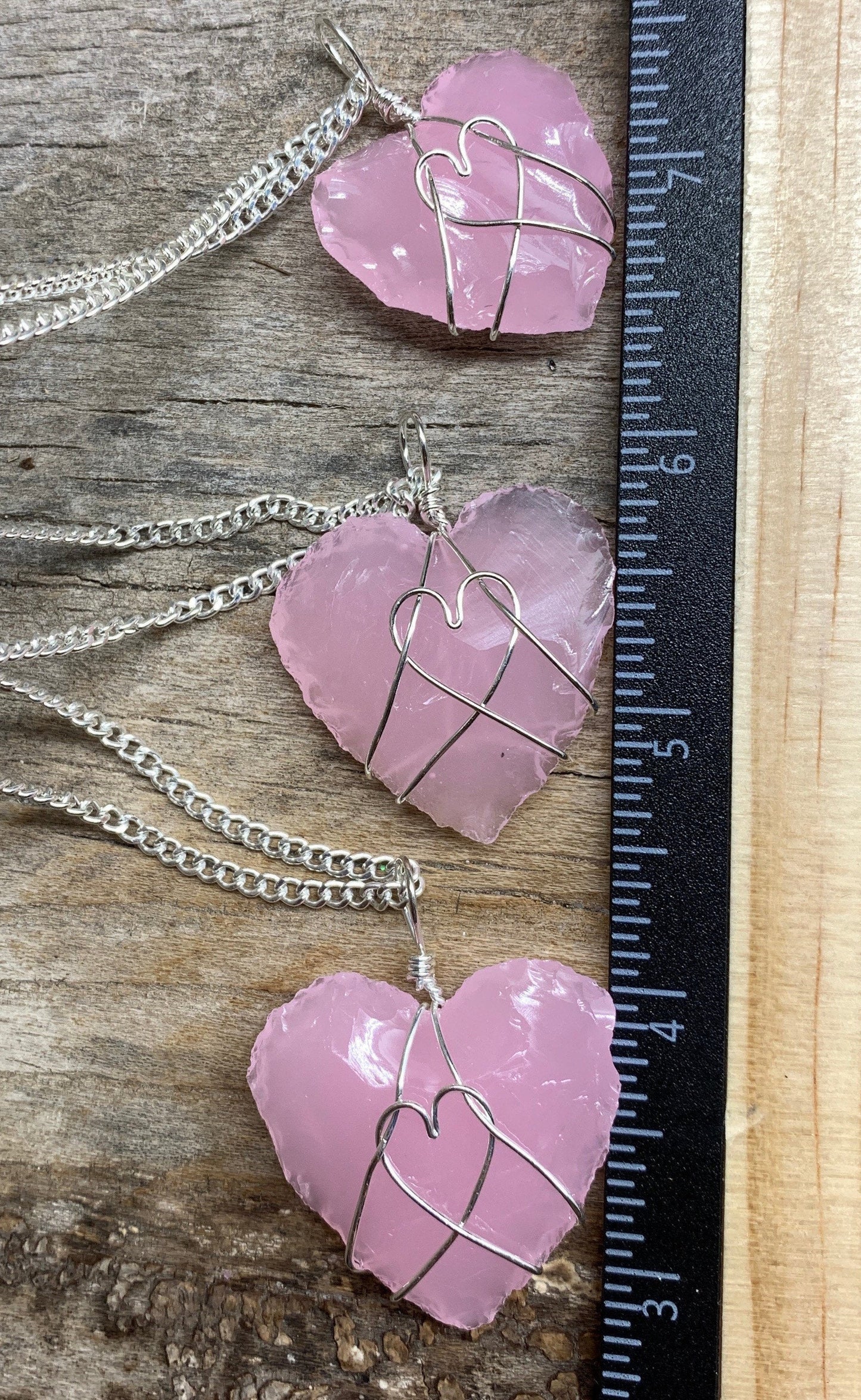 Pink Opalite Heart Wire Wrapped Necklace. Handmade 1126