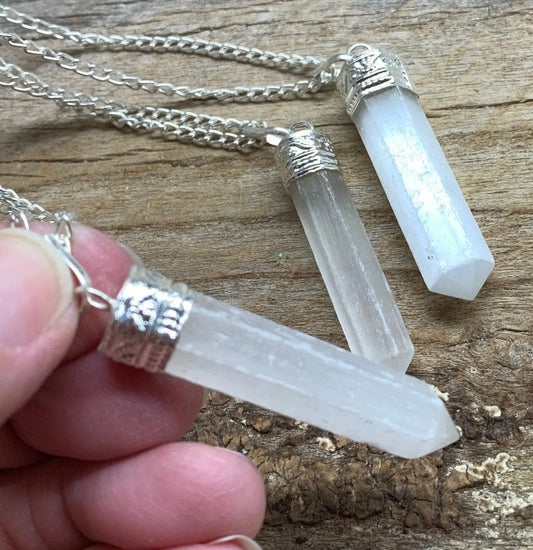 Selenite Pendent Necklace 1120 Silvertone. 24” Chain Shop Wholesale Crystals