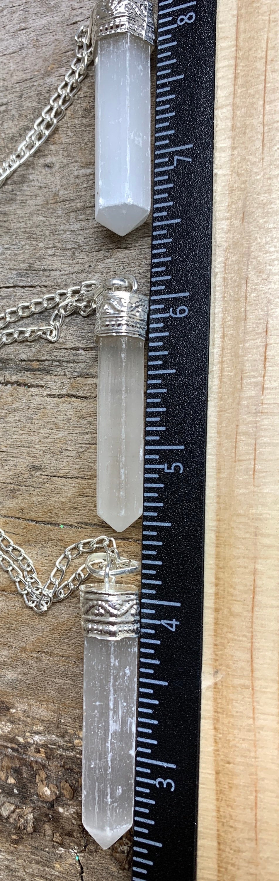 Selenite Pendent Necklace 1120 Silvertone. 24” Chain