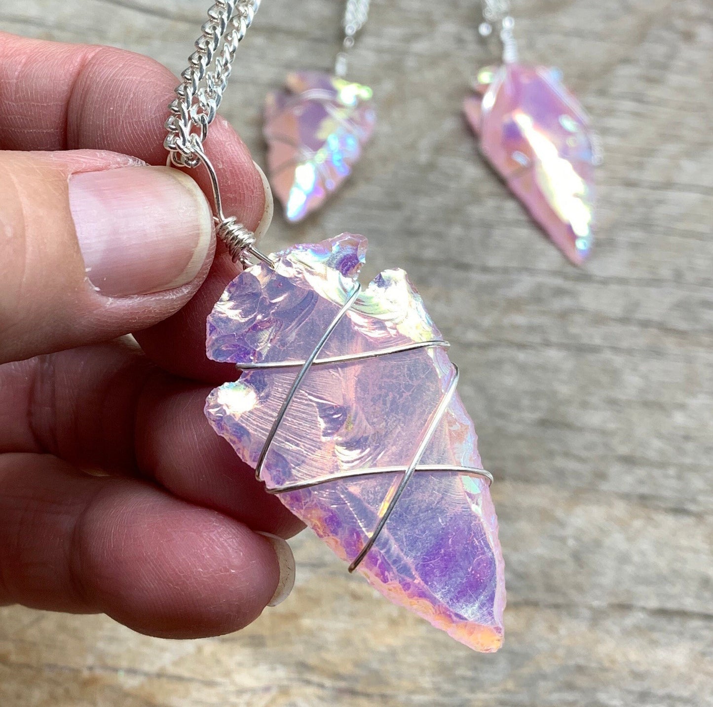 Pink Angel Aura Opalite Arrowhead, Handmade Wire Wrapped Necklace NCK-2007