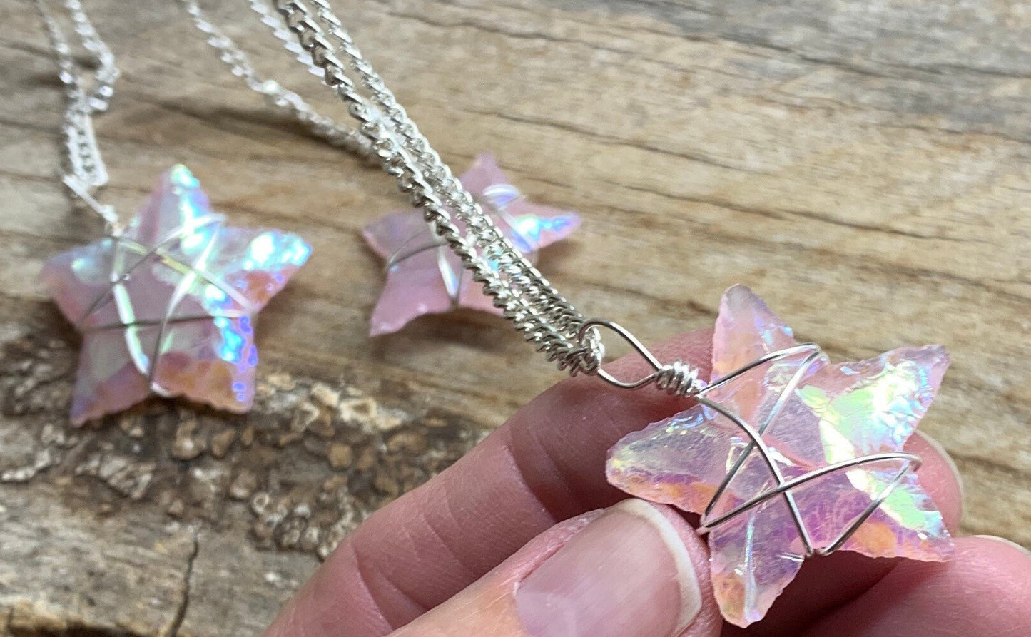 Pink Angel Aura Opalite Star, Handmade Wire Wrapped Necklace NCK-2006