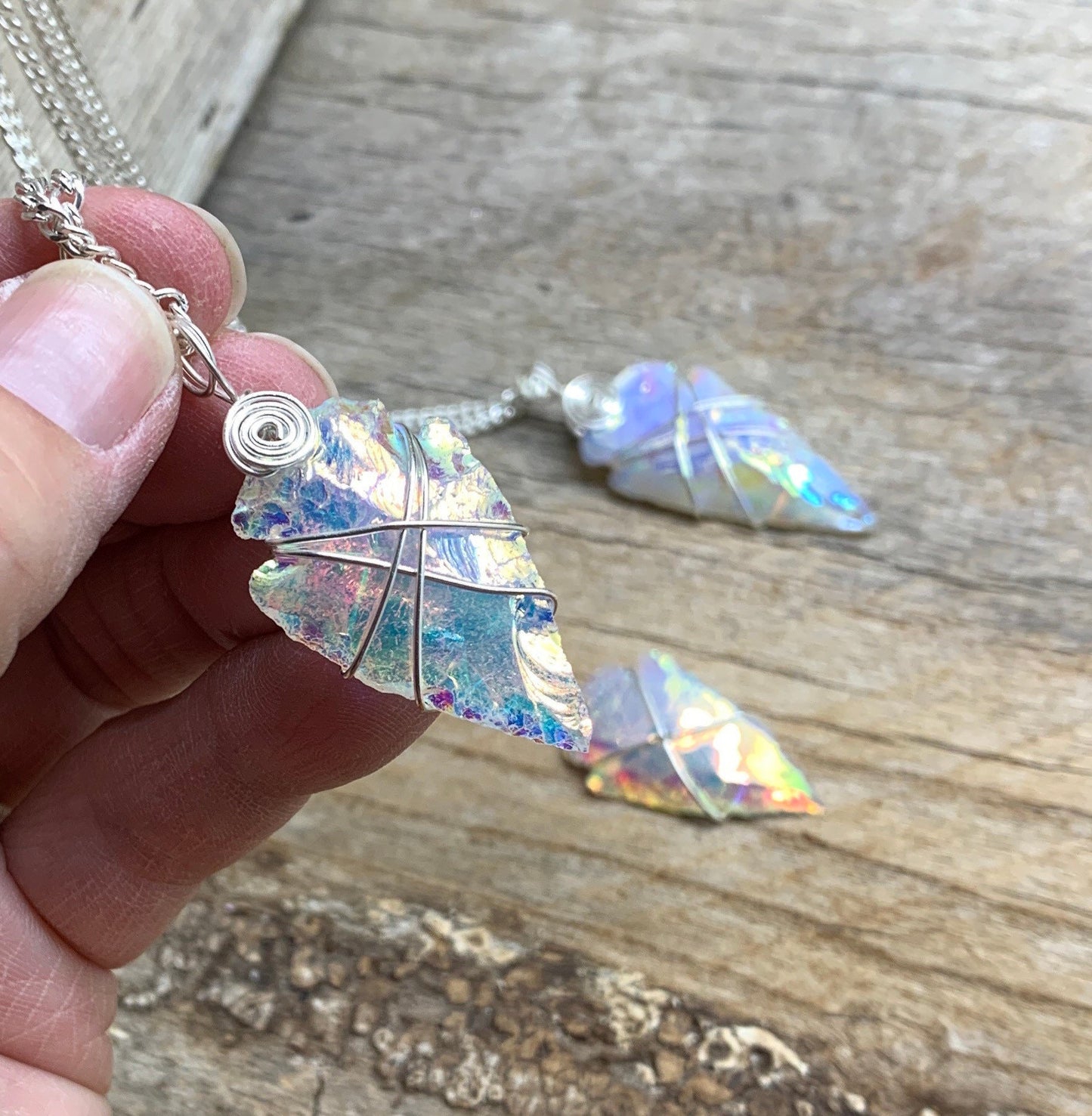 Angel Aura Opalite Arrowhead Handmade Wire Wrapped Necklace 1127