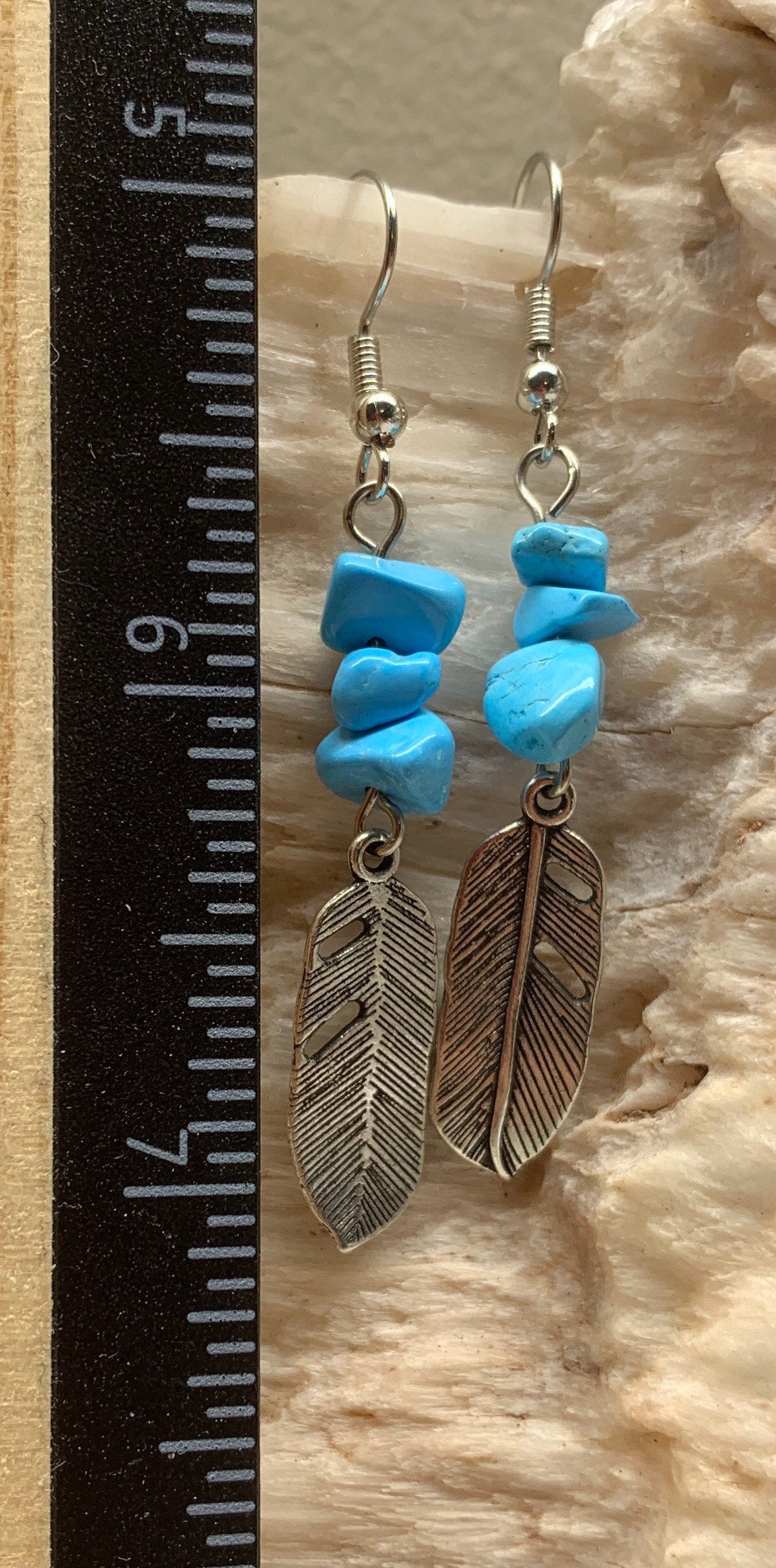 Blue Howlite Feather Earrings EAR-0051