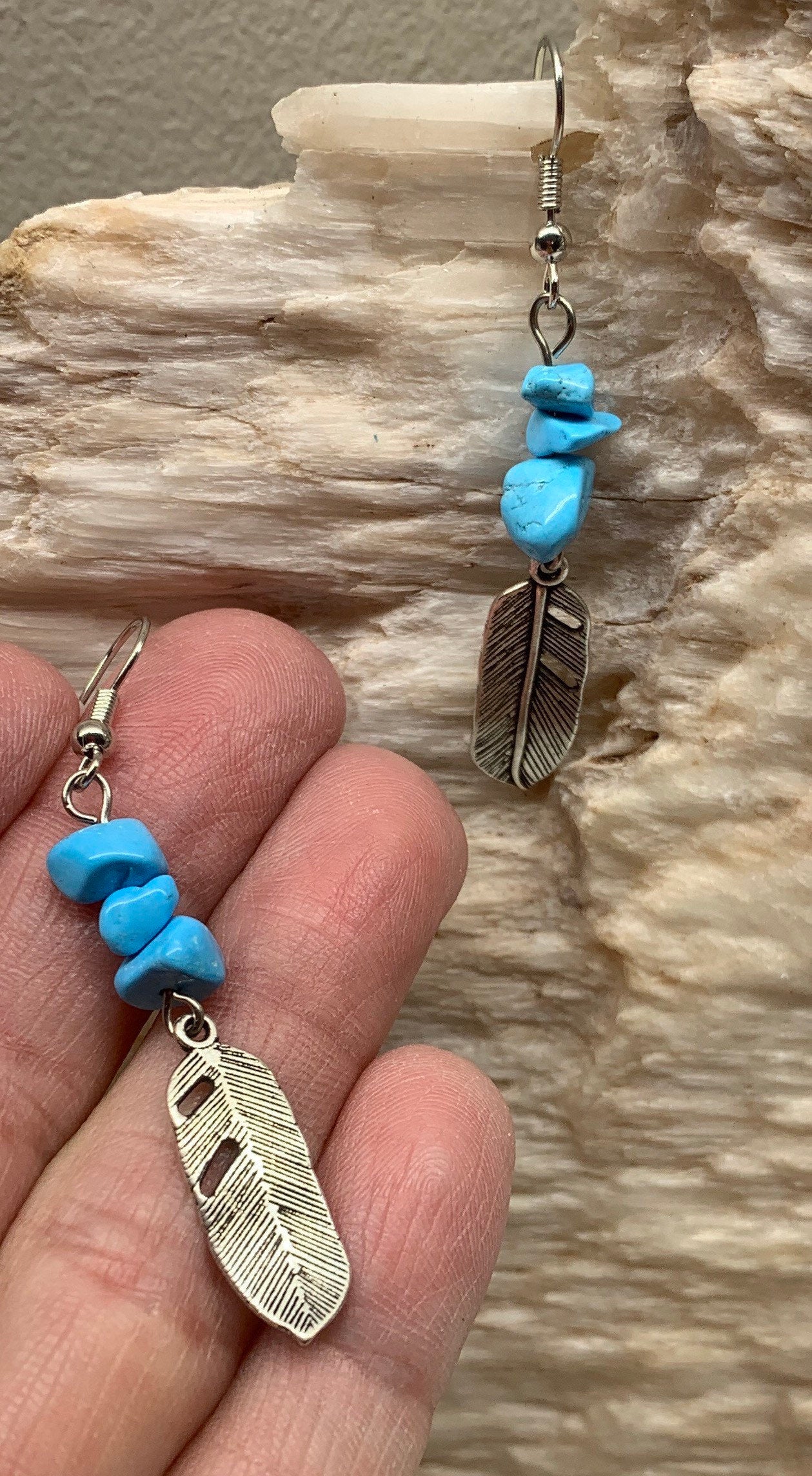 Blue Howlite Feather Earrings EAR-0051