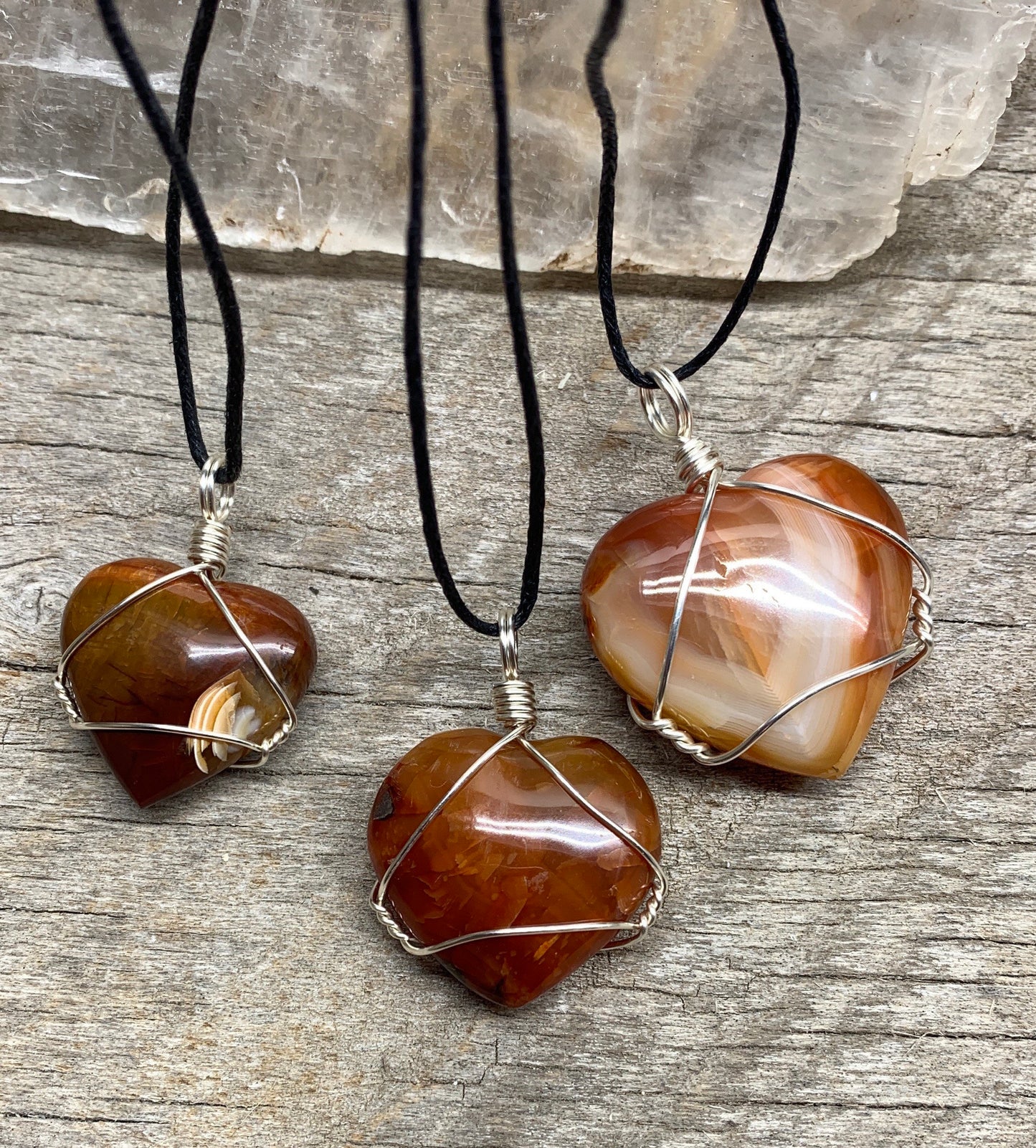 Carnelian Agate Heart wire Wrapped Necklace, Handmade 1099